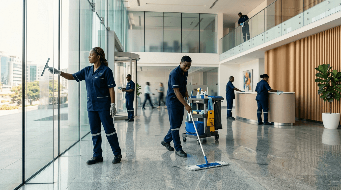 IFMSS facilities team in uniform maintaining a bright modern corporate building — glass, polished floors, and professional equipment.