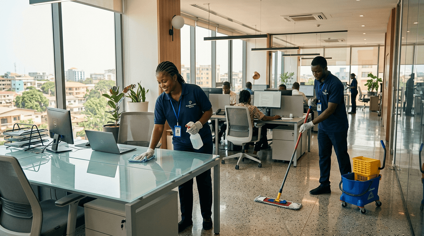 Professional African cleaning staff wiping surfaces and maintaining a spotless modern office with natural daylight.