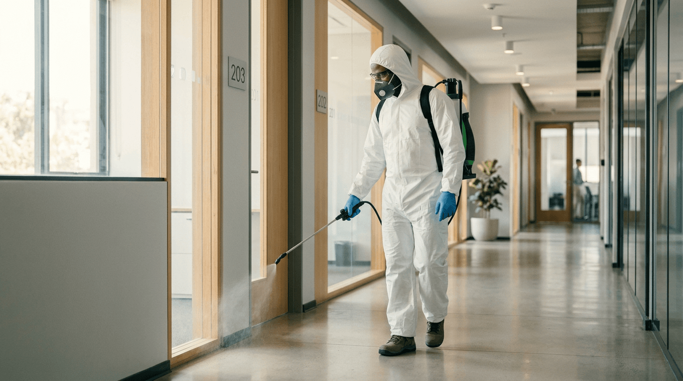 Environmental and hygiene control — technician in protective gear with professional equipment in a commercial space.