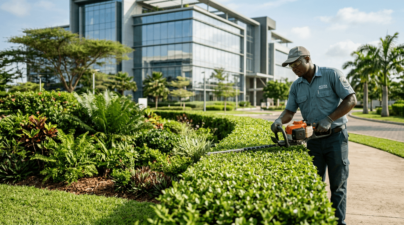 Grounds specialist maintaining landscaped areas and greenery outside a modern property.