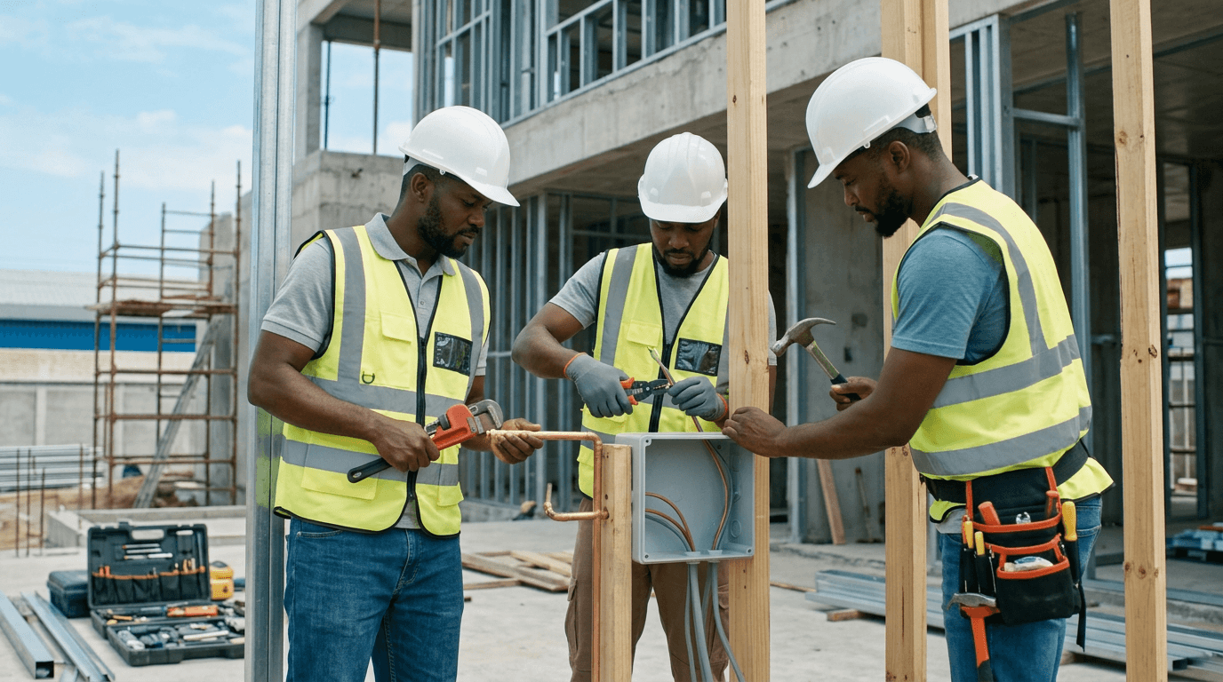 Skilled trades and technical team collaborating on maintenance in a modern building environment.