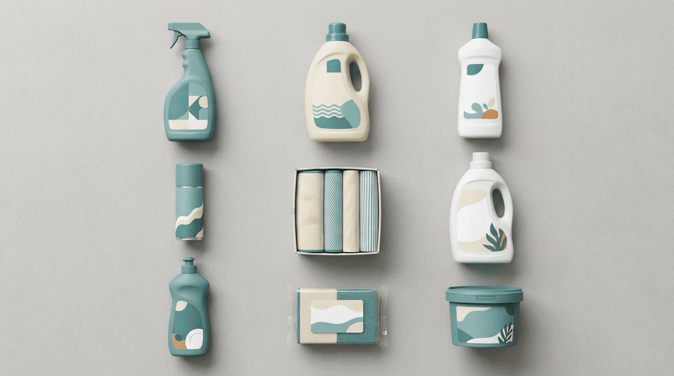 Cleaning products in a tidy e-commerce grid layout with consistent spacing and soft lighting.