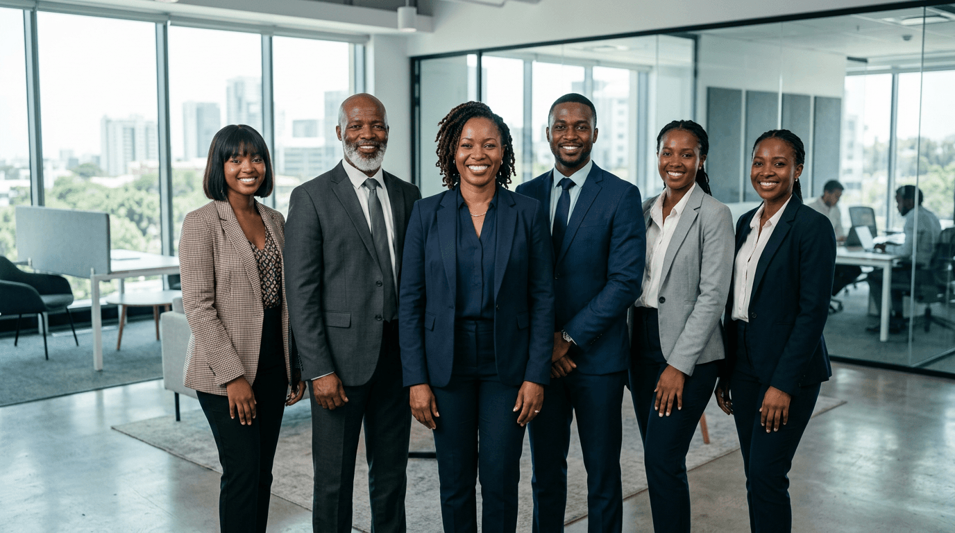 Diverse African business team standing together in a professional office, confident and approachable.