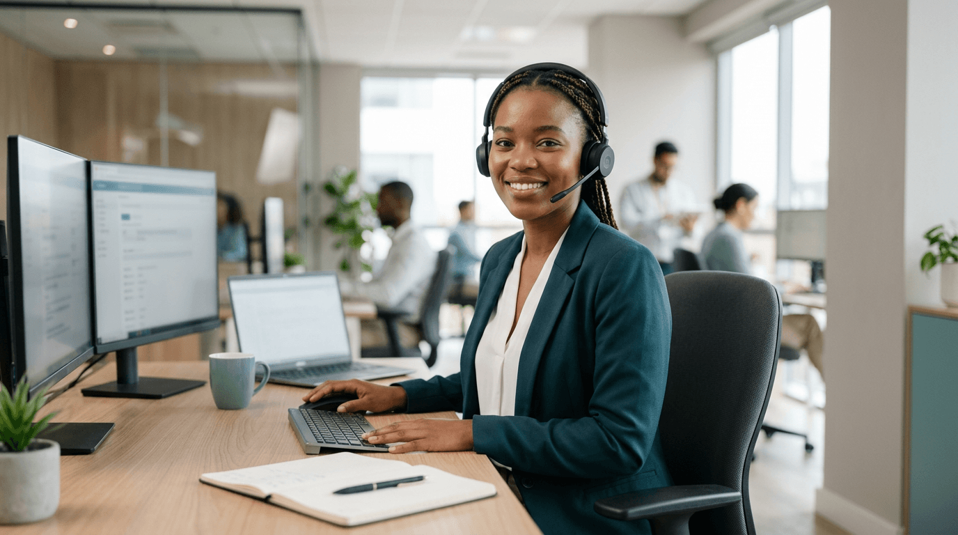 Helpdesk and service desk professional assisting clients with a friendly, organised response.