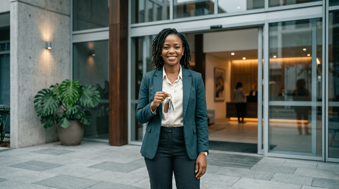 Property professional with keys in front of a modern building, representing stewardship and site management.